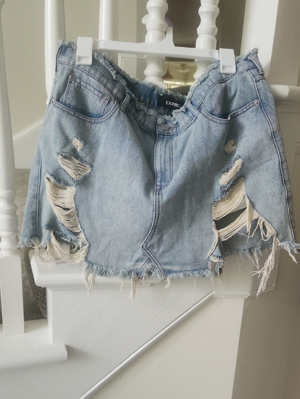 Express Light Blue Distressed Denim Mini Skirt Sz16